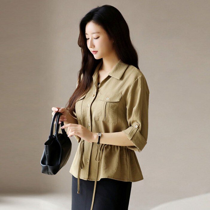 스타일온미 스타일온미  프에티 허리스트링 롤업 7부소매 셔츠 블라우스