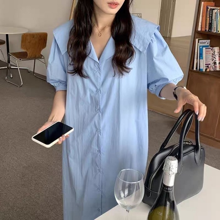 150kg까지 여성 여름 롱 원피스 루즈핏 캐주얼 반팔 빅사이즈 퍼프 셔츠 롱원피스