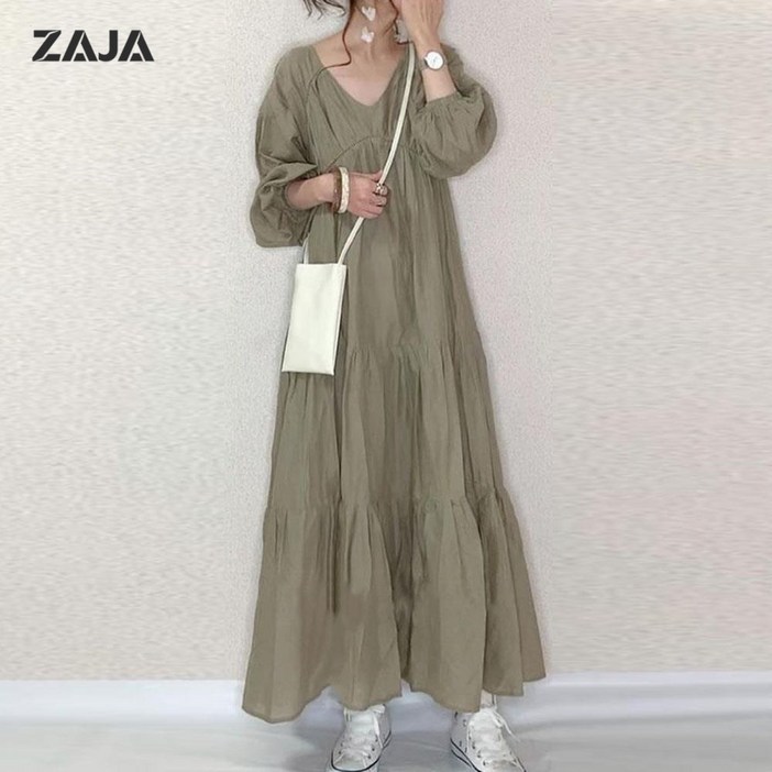 ZAJA 여성 롱 브이넥 원피스 루즈핏 원피스 데일리 체형커버