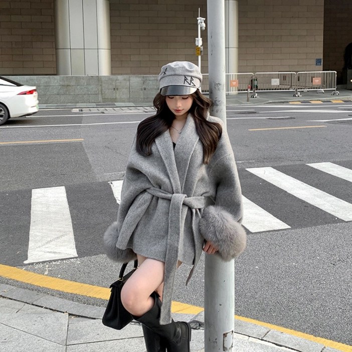 ANYOU 여성 핸드메이드 코트 울100%  겨울 파이로 로브 벨트 코트 댄리블 빅사이즈여성의류 겨울  코트 트렌치코트