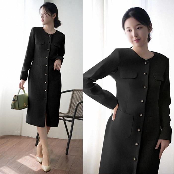 비비디아 여성용 신상 긴팔 롱원피스 트위드 버튼 포켓 하객룩 오피스룩 예복 데일리룩 5537