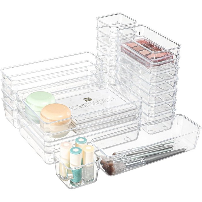 모던마켓 홈 수납정리 25피스 투명 아크릴 서랍 정리함 4가지 사이즈 책상 서랍 칸막이 정리함 및 보관함 메이크업, 주얼리, 주방, 침실, 욕실, 사무실용 도구 멀티 수납함, 1개, 투명
