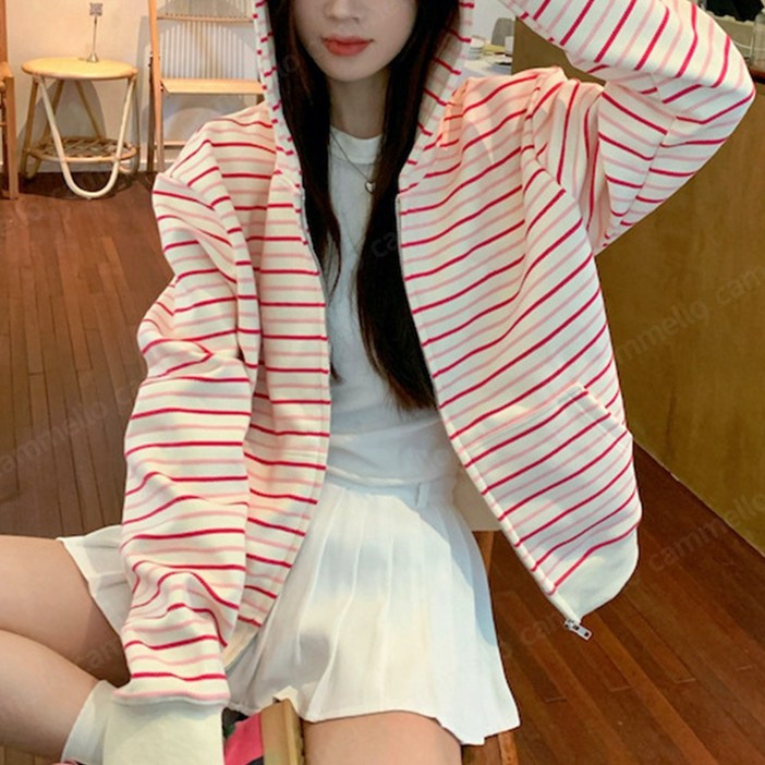 cammello 딸기우유 스트라이프 오버핏 긴팔 후드집업 가디건 봄가을 아우터