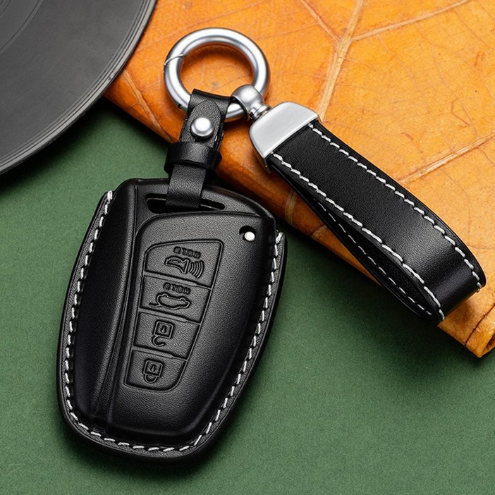 CABULE 호환 현대 키케이스 그랜저 그랜저HG IG 신형에쿠스 제네시스DH 싼타페DM 가죽 풀커버 자동차키케이스 키홀더 차키링 차량용품, 블랙, 단일상품
