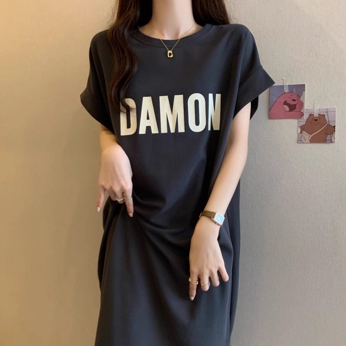 오버핏 레터링 티셔츠 원피스 미니멀 라운드넥 원피스 베어 자수 포인트 티셔츠 원피스