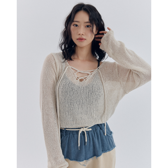 가을 루즈핏 여리핏 부드러운 니트 부클 스트링 레이스업 브이넥 니트 베이지