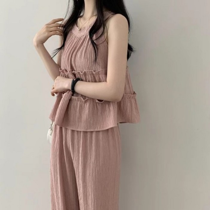 쪼예 꾸안꾸 홀터넥 플리츠 나시 와이드 팬츠 세트