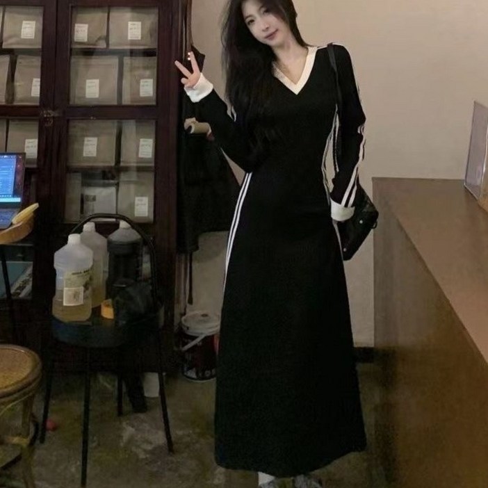 COSYEVNO 여성 봄가을 브이넥 스트라이프 롱 니트 원피스 BCXlyq-10