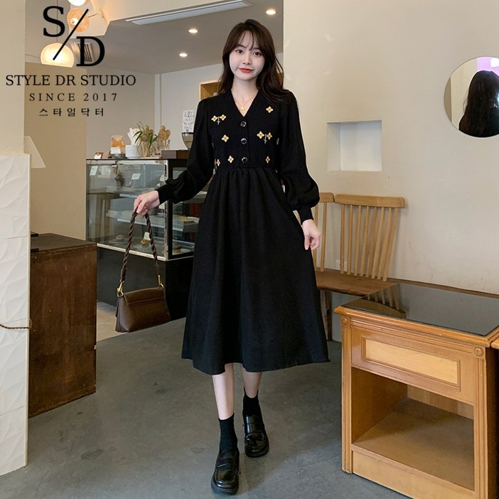 스타일닥터 가을원피스 패션데일리룩 브이넥 빅사이즈원피스 블랙 코듀로이 헐렁헐렁한바캉스룩 여성하객룩