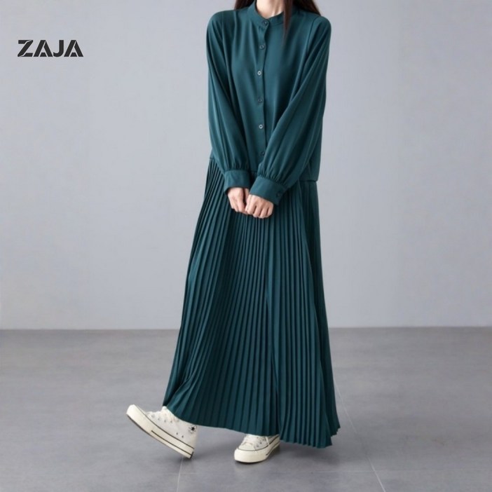 ZAJA 여성 원피스 루즈핏 주름 롱 긴팔 원피스