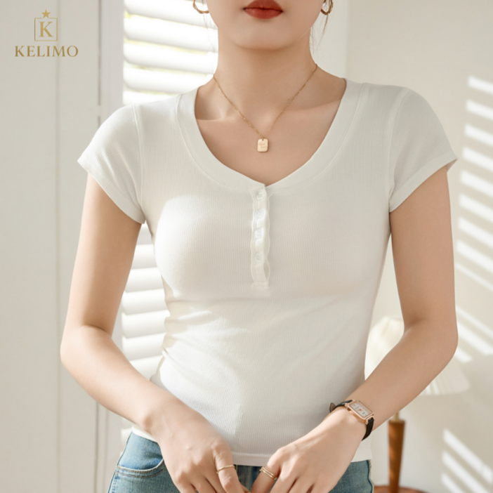 켈리모 세상편한 여성골지 슬림핏 라운드넥 반팔 U넥