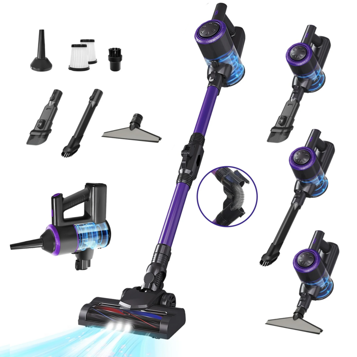 RichMagic 독일 핸디형 16000Pa 접이식 무선청소기 전동 브러시 LED 조명 스탠딩 다용도 블로잉 청소가정용차량용 5 in 1 핸디청소기, 퍼플, HKX007