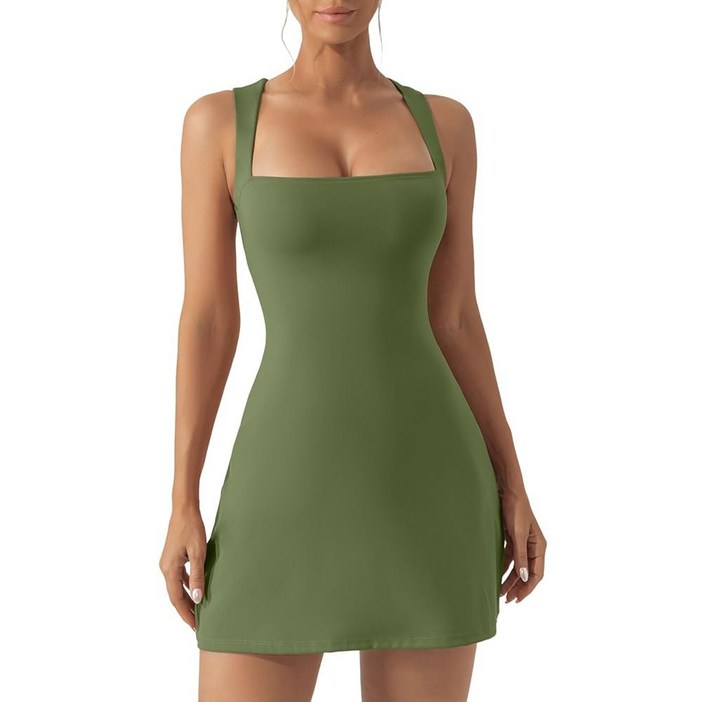 우먼스 스퀘어 넥 바디 드레스 민소매 탱크 탑 스트레치 플레어 미니 연말 파티