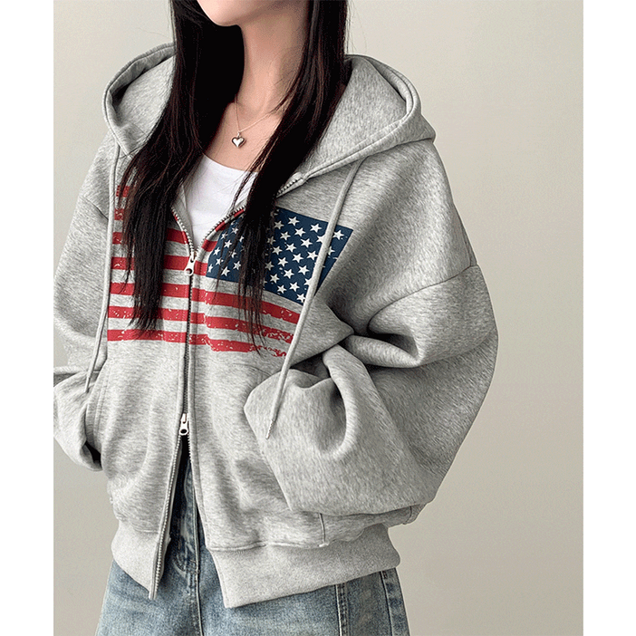 자스민벨 키루 오버핏 성조기 프린팅 투웨이 후드집업 아메리칸 박시핏 꾸안꾸 데일리룩 캐주얼룩 간절기아우터가을신상얼리어텀