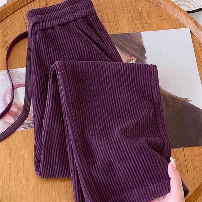 Vezri 여성용 고급스러운 고무 밴드 하이웨이스트 코듀로이 팬츠 가을 겨울 데일리룩