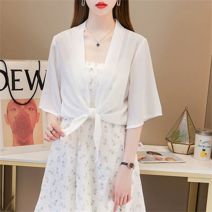 besteffie 여성 봄 여름룩 숏 가디건 쉬폰 블라우스 심플 크롭자켓 카디건 루즈핏 얇은 K87