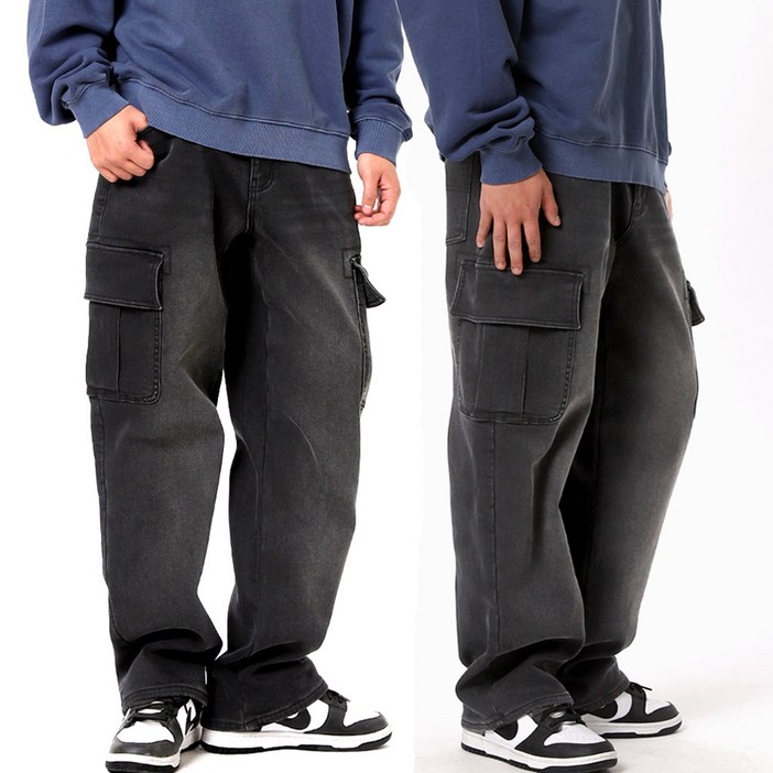 비브레이커스 남자 겨울 기모 와이드 청바지 밴딩 스판 카고 데님팬츠