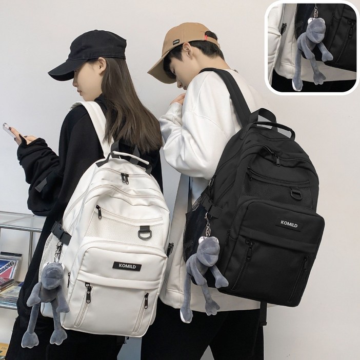 남녀공용 방수 대용량 데일리 백팩  개구리 키링 남자 여자 여행용 백팩 멀티포켓 학생백팩 학생 가방 모던 커플 가벼운 빅사이즈 백팩 캐주얼 노트북 배낭 책가방