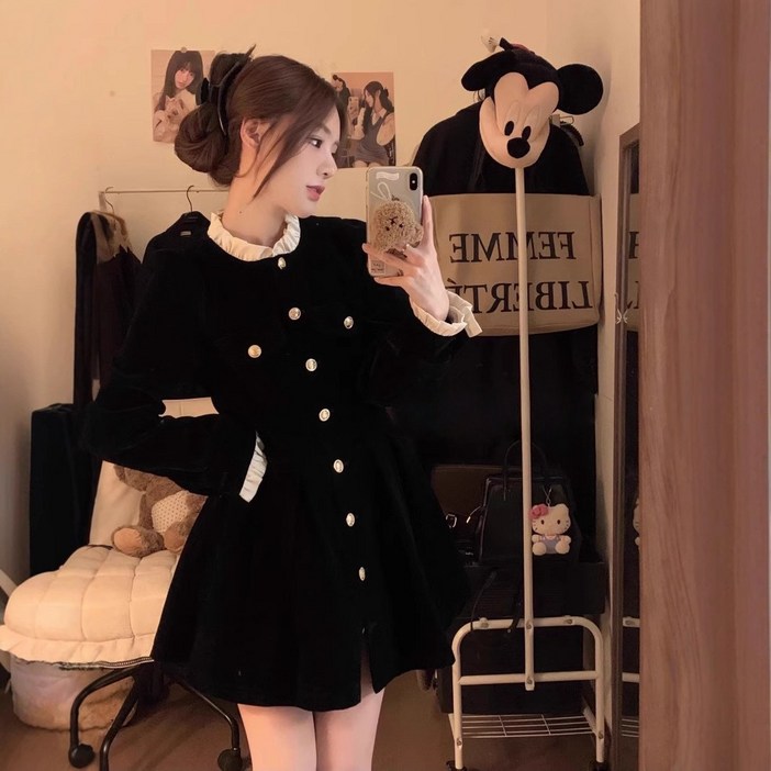 ANYOU 여성 원피스 패션 프릴 칼라 소매 원피스 슬림핏 데일리룩 하객룩