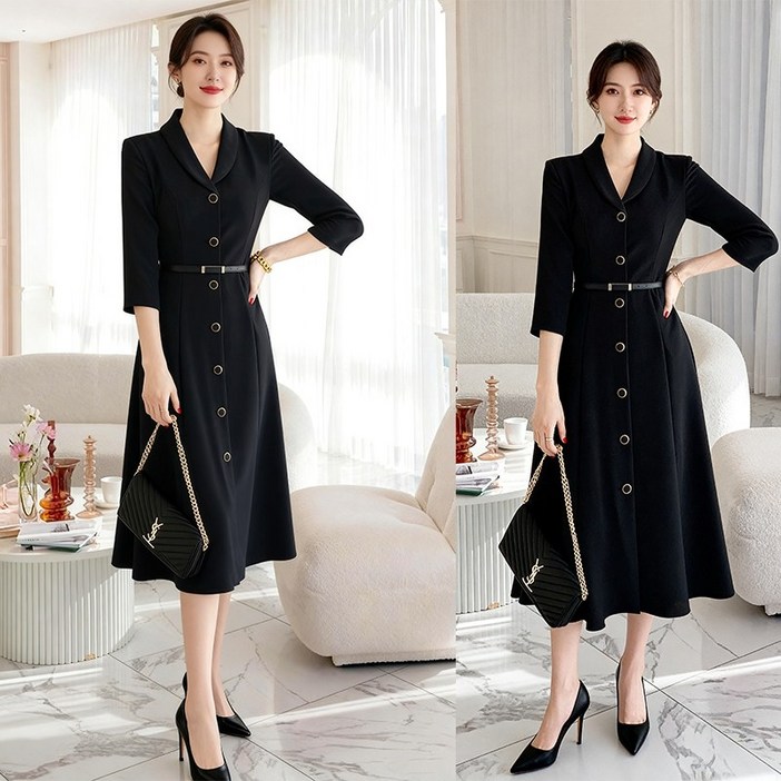 비비디아 여성 롱원피스 벨트 세트 버튼 원피스 단정한 하객룩 오피스룩 정장 원피스 5551