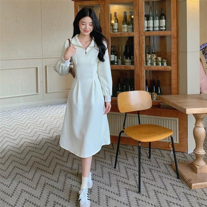 SAHINER 봄가을 데일리 집업 기모 A라인 원피스 여성용 캐주얼룩 LJAQZ29