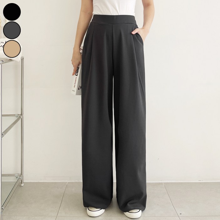 가비진 여성용 숏기본롱 기장선택 스판 좋은 핀턱 밴딩 일자 와이드 팬츠 키작녀 키큰녀 바지 빅사이즈까지