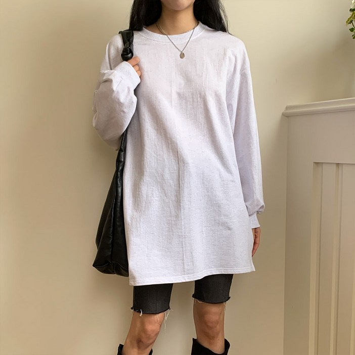 무지 트임 긴팔 롱 박스티셔츠 박스티 면티 라운드티 레깅스티 오버핏 빅사이즈 루즈핏 간절기 봄 가을