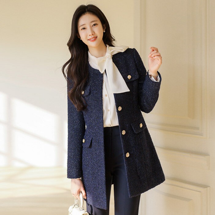 스타일온미 루이스엔젤  엘레븐 플레인 펄 골드 버튼 울 블렌딩 하프 트위드 자켓