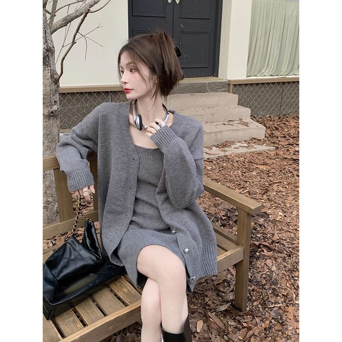 ZIGODAG 여성 가을 겨울용 니트 원피스와 가디건 세트 심플한 디자인 캐주얼 투피스  ZXCYYBD41952