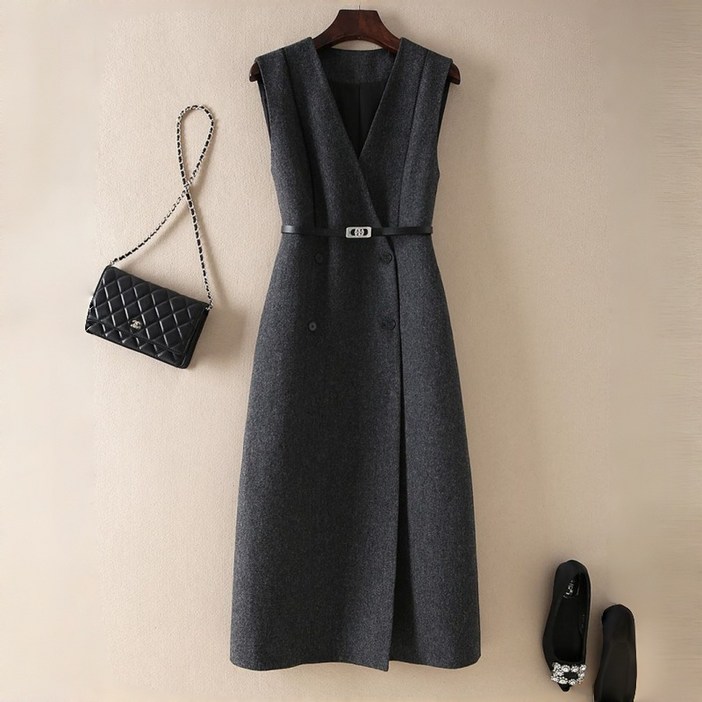 AOKADA 여성 가을 겨을 오피스룩 결혼식 하객룩 민소매 롱 원피스