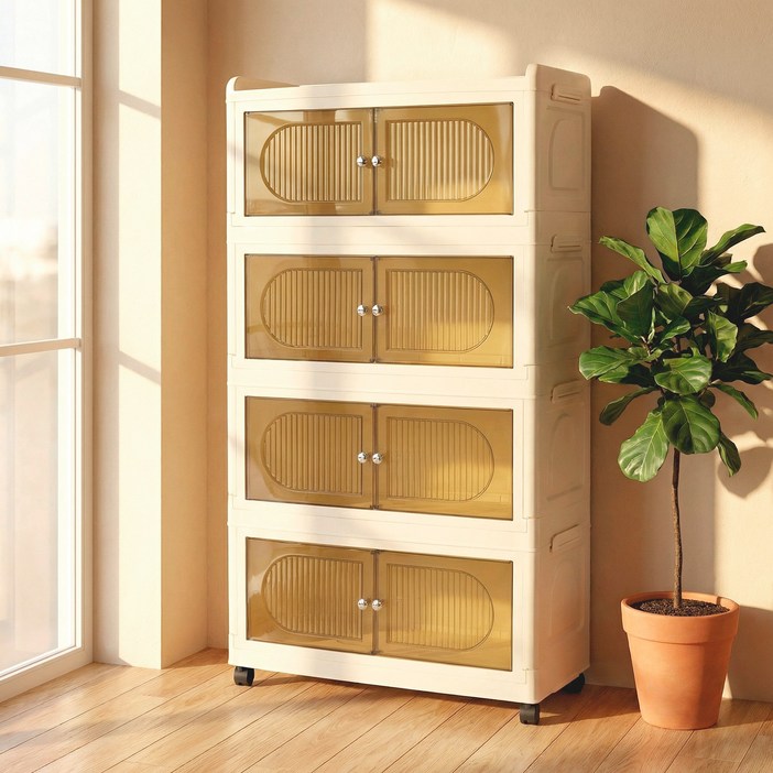 SHE-U 플라스틱 리빙박스 접이식 다용도 이동식 수납장 대용량 정리함 거실 부엌 침실 폴딩박스 3단 4단 5단 수납장, 투명, 4개