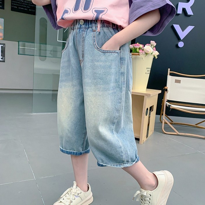 여아 7부 팬츠 여름 아동 얇은 데님 반바지