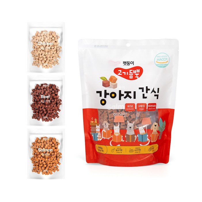 펫둥이 고기듬뿍 강아지 간식 져키 3가지맛 600g, 닭고기+소고기+연어