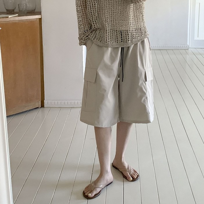 앤샵 [남녀공용/당일출고] 벨뷰 와이드 루즈핏 카고 밴딩 버뮤다 팬츠 (4color)