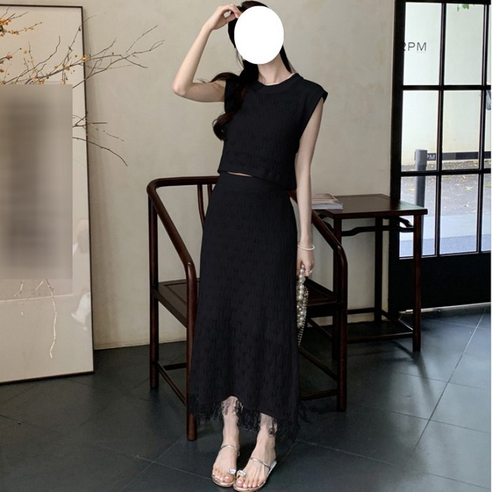 해피유통 여성 여름 니트 민소매 상의 및 중간 길이 스커트 세트 우아한 통기성 디자인XG05