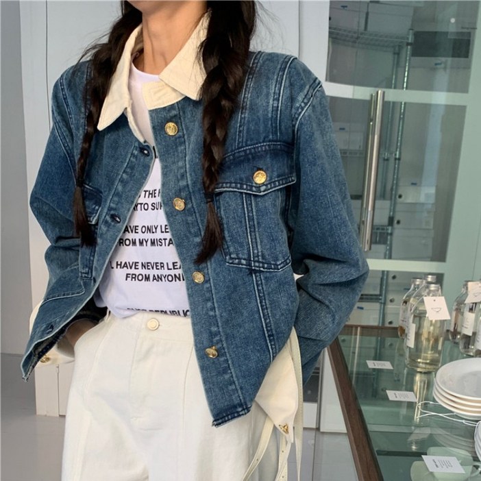 SAHINER 봄가을 여성 크롭 데님 재킷 금장버튼 드롭숄더 아우터