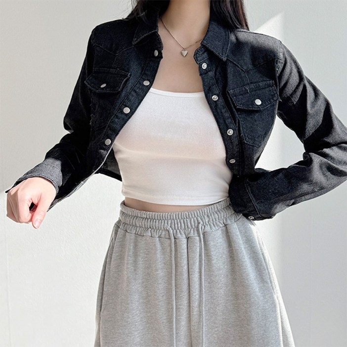 쫀쫀허리잘록핏 슬림핏 또또 크롭 데님 셔츠, 스판 크롭 긴팔 청자켓