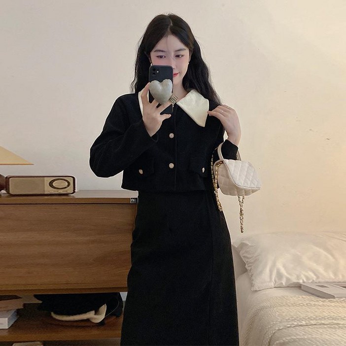 ANYOU 가을 겨울 원피스  롱 원피스 일상 블랙