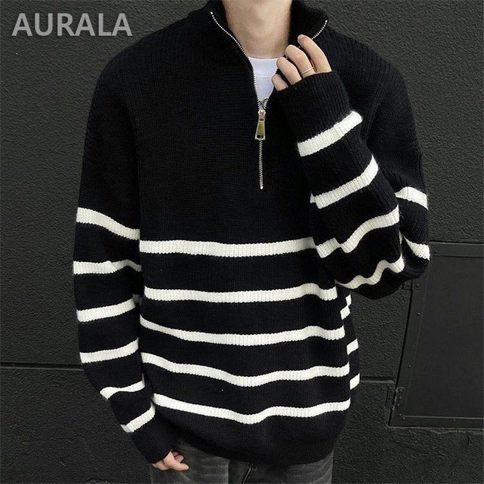 AURALA 남성 스트라이프 니트 하프 집업 터틀넥 긴팔 니트 티셔츠