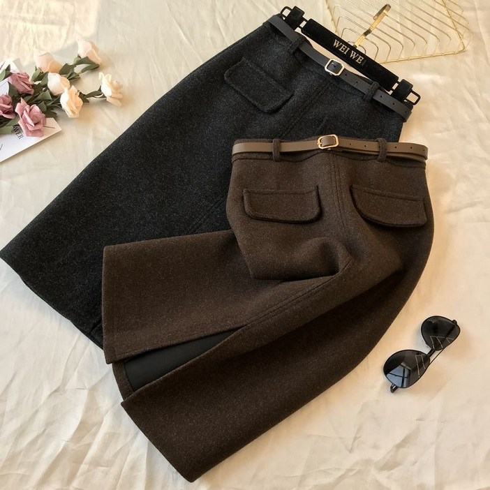 여성 모직 트임 스커트 벨트 치마