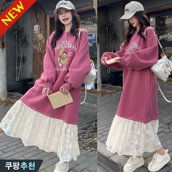 150kg까지 빅사이즈 여성 캐릭터 프린트 귀여운 원피스 봄 가을 편한 레터링 레이스 이어붙이다 루즈핏 날씬해보이는 맥시 심플 라운드 젊어 보이는 외출용 핏 예쁜 플레어 맨투맨