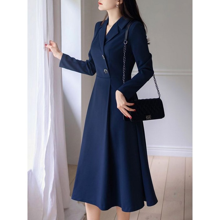 시크라인XXL까지 프리실라 쥬얼리 버튼 핀턱 플레어 원피스 봄,가을 하객룩 오피스룩 격식룩 데이트룩 롱원피스