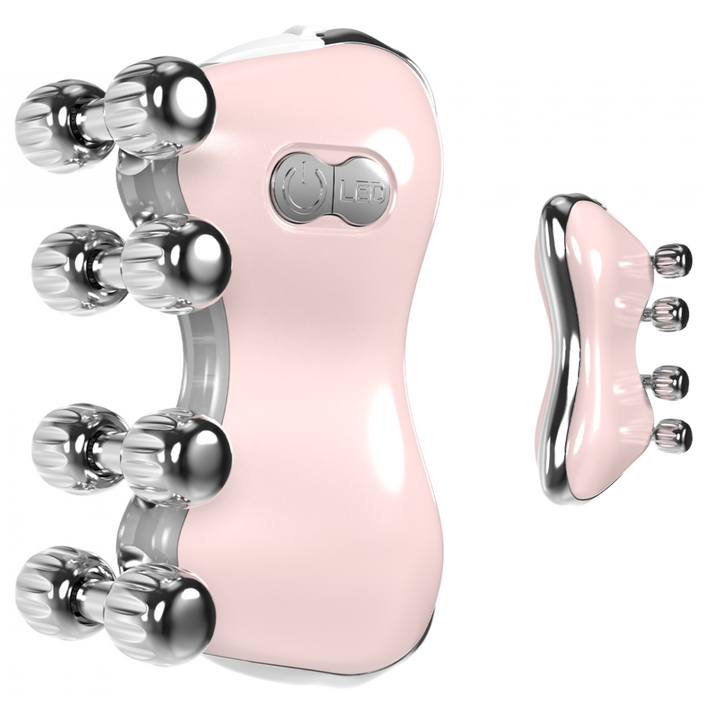 Leeko EMS 페이스 롤러 괄사 마사지기 LED 광케어 다기능 전동 피부 마사지기 바디 마사지기 45도온열 곡선 얼굴 리프팅+8개의 금속 마사지 롤러, 핑크
