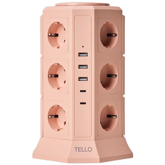 텔로 에디션 타워 멀티탭 17구USB3,CTYPE2 KC인증 접지 안전 고급 멀티탭 선정리 가능한 인테리어 귀여운 디자인 예쁜색상, 2m, 블라썸핑크, 1개