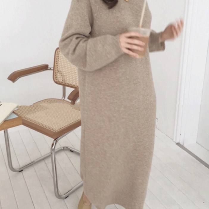 루어스룸 플레인 루즈핏 라운드넥 하객룩 임부복 긴팔 빅사이즈 니트 롱 원피스