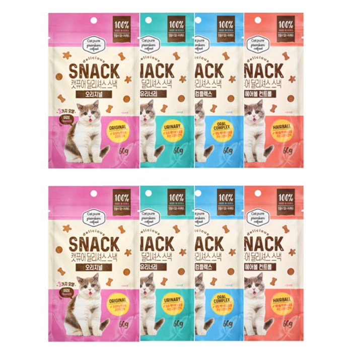캣퓨어 고양이 딜리셔스 스낵 4종 세트, 혼합맛닭고기참치, 1세트 캣퓨어 고양이 딜리셔스 스낵 4종 세트, 혼합맛닭고기참치, 1세트