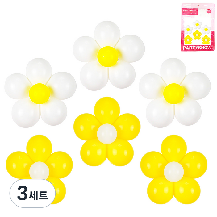 파티쇼 데이지꽃 포인트색 풍선 1종 + 풍선 2종 + 꽃모양 키트 세트, 옐로우, 화이트, 3세트