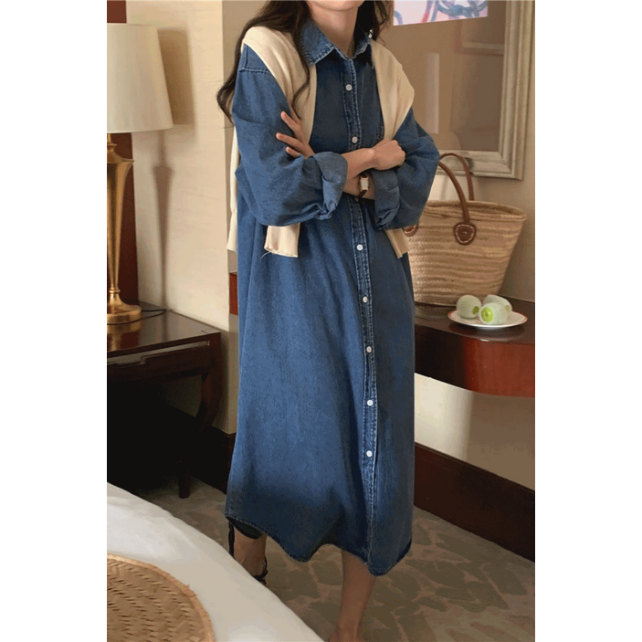 스테디 데님 롱 청 셔츠원피스 긴팔 원피스 데님롱원피스 여성데님원피스 카라데님원피스