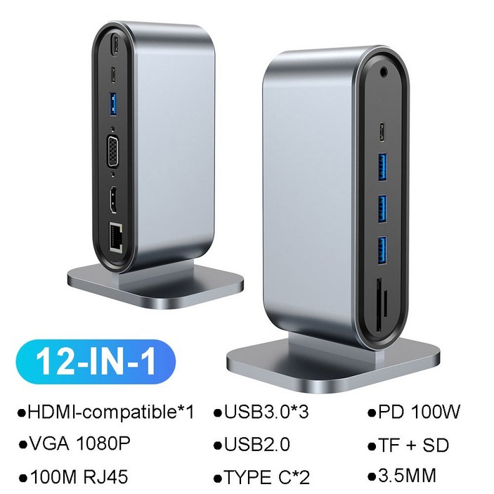 12in1 USB C 도킹 스테이션 허브 유형 CHDMI 어댑터 PD 100W VGA RJ45 3.5mm TF 노트북 MacBook 용 분배