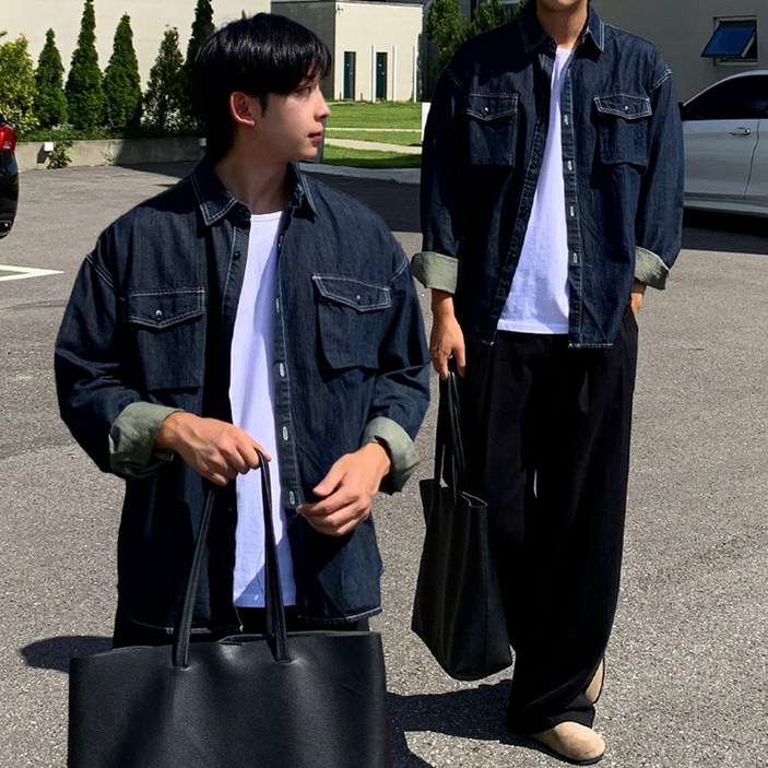 남자 남성 고퀄리티 루즈 오버핏 입체 포켓 청 데님 긴팔 남방 셔츠